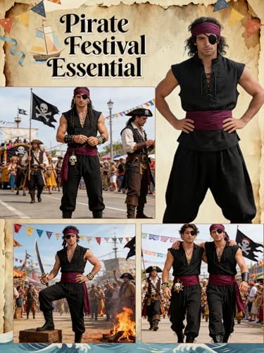 Verceco Mens Pirate Costume 8PCS Renaissance Sleeveless Shirt Ankle-Banded Pants Sash Belt & Accessories LARP Cosplay