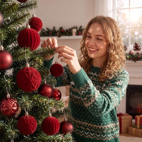 Civaner 52 Pcs Velvet Christmas Ball Ornaments Flocked Christmas Tree Hanging Ornaments 3 Assorted Size Shatterproof Xmas Ball Decorations Set for Xmas Holiday Winter Party Decor (Burgundy)