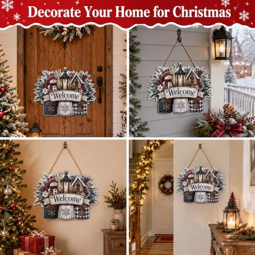 Christmas Decorations - Winter Snowman Welcome Wooden Sign for Front Door