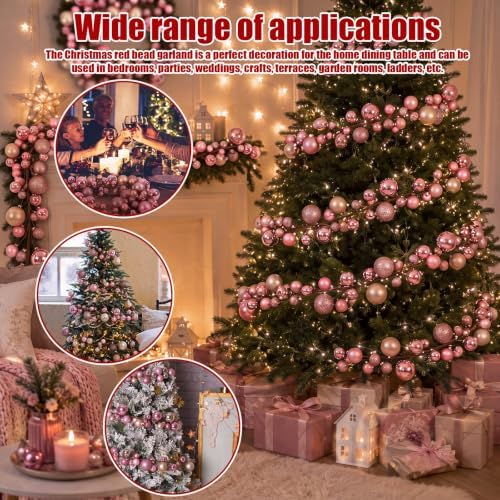2 Pcs 6 ft Christmas Ball Ornament Garland, Pink, Champagne Gold