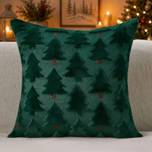 Allorry Christmas Pillow Covers 18x18 inch Set of 2 Christmas Decorations Soft Plush Faux Fur Wool Green Christmas Tree Throw Pillow Cases Winter Holiday Decor for Sofa Living Room PT-012P18