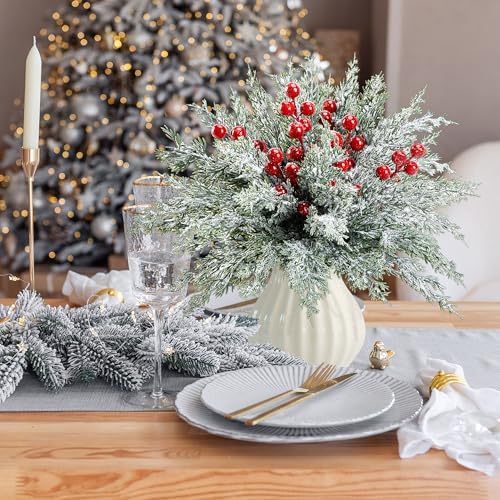 60 Pcs Artificial Christmas Snow Pine Branches with Red Berry Stems, Snowy Faux Greenery Norfolk Pine Cypress Leaves Stems, Berries White Frosted Fake Foliage Pine Needle Picks for Garland Home Decor