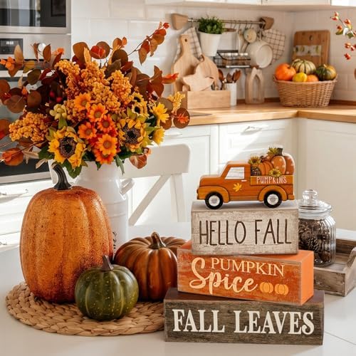 Moucuny 4 Pcs Fall Table Decor, Pumpkin Wood Block Sign Home Tray