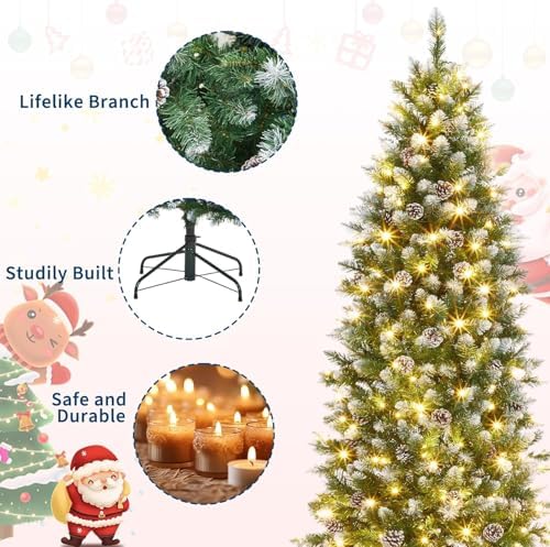 GarveeHome 12 ft Pencil Christmas Tree Pre-lit Slim Holiday Decoration, Skinny Décor LED Lights, Metal Stand,Xmas Tree for Room, Bedroom, Apartment, Outdoor Porch, Office, Green and White