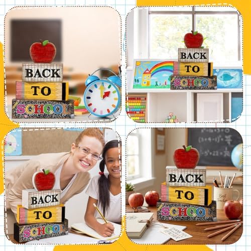 Lineshading 4 Pcs Back to School Table Decor Wooden Apple Blocks Sign
