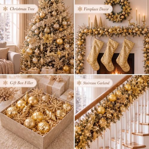 CroBlissful 118 Pcs Christmas Tree Ornaments Set Including Ornaments Balls, Hanging Snowflakes Icicle, Mesh Ribbon, Tree Top Star, Flower, Berries Stems for Xmas Trees Holiday Decor(Gold)