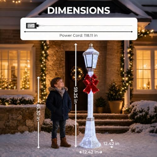 60-Inch Outdoor Christmas Decorations Outdoor Lighted Lamp Post 3D Lamppost LED Lighted Post Christmas Decoration with 128 LED Lights & Bow Holiday Decorations for Yard, Porch, Patio