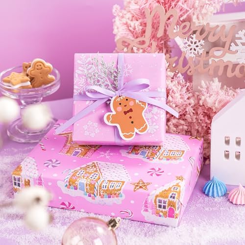 WRAPAHOLIC 30 Inch Reversible Gingerbread Christmas Wrapping Paper - 30 Inch x 33 Feet - Pink Gingerbread House and Snowflake with Embossed for Christmas, Holiday, Party Celebration