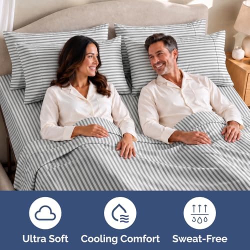 Flex Top Split Head King 4 Piece Sheet Set - Soft & Cooling - Grey Stripes