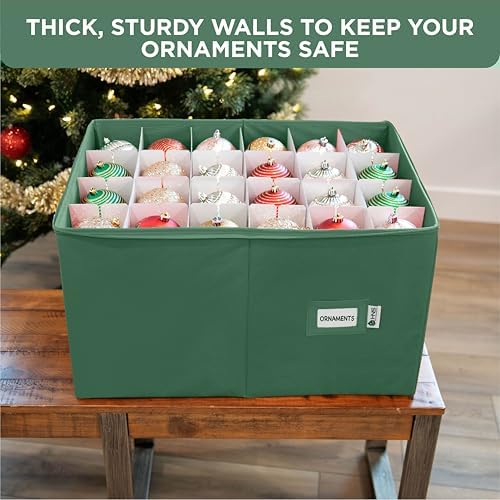 Christmas Ornament Storage Container with Dividers - Box Stores Up to 96 Ornaments, Zippered, Convenient, Adjustable, Large Organizer Bin to Protect Holiday Décor, Fits Most Standard Size, Green