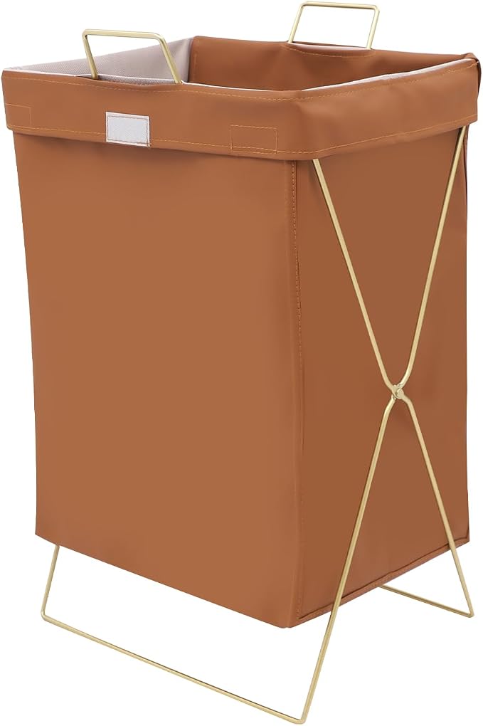 X-Frame Laundry Basket with Lid, Foldable Laundry Hamper, Gold Metal Collapsible Bag Sorter Organizer, Luxury Folding Dirty Clothes Washing Bin (Gold Frame+ Brown Bag)