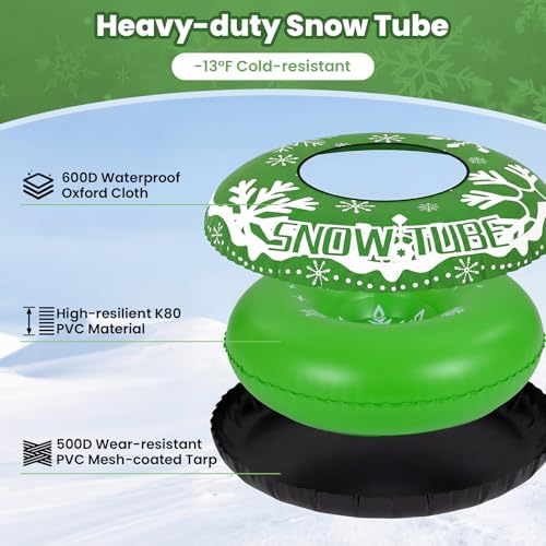 Goplus Inflatable Snow Tube, 42" Heavy-Duty Snow Sledding Tube with Detachable Tow Strap, Thickened Bottom, 3-in-1 Valve, Handles, Winter Outdoor Fun Toy for Kids & Adults, Christmas Birthday