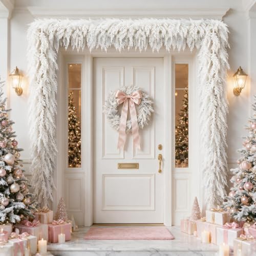 12FT White Christmas Cedar Garland, Realistic Artificial Garland, Winter Snowy Xmas Decorations Indoor Outdoor, Faux Holiday Garland for Mantle, Fireplace, Table, Door, Wedding Party Decor