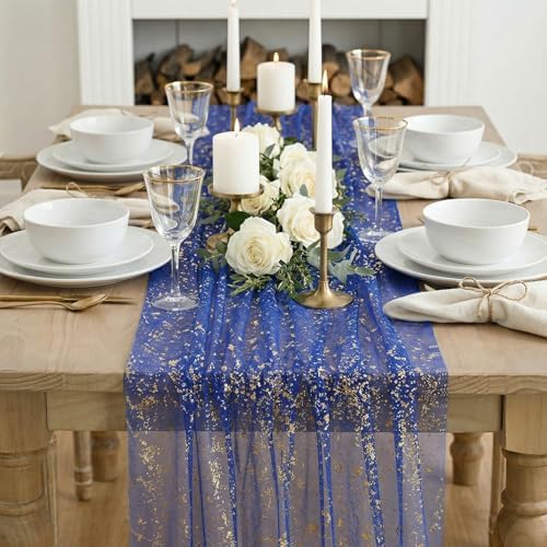 Artoid Mode Blue Gold Gauze Table Runner 59x120 Inch 10FT, Glitter Metallic Foil Sheer Dining Wedding Anniversary Holiday Table Decor for Home Party