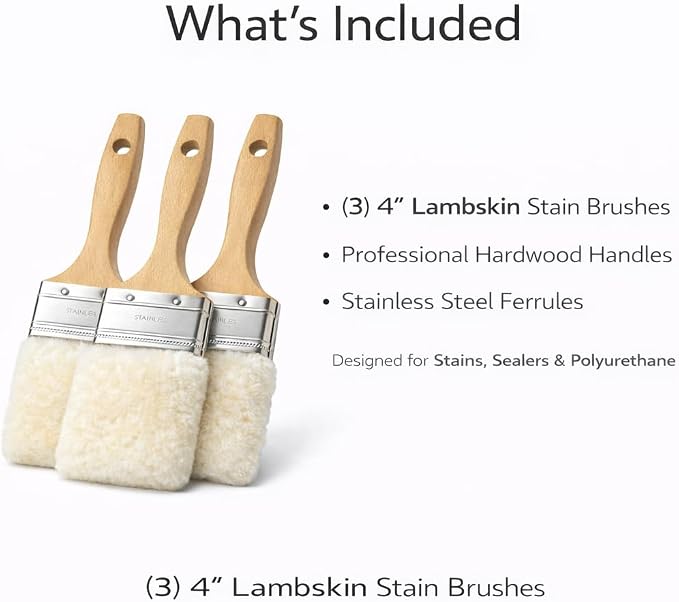 Lambskin Stain & Paint Brush - for use with All Latex and Oil Based Paints, Stains and Polyurethanes. Premium Lambskin - New and Patented Design (4 Inch 3 Pack)