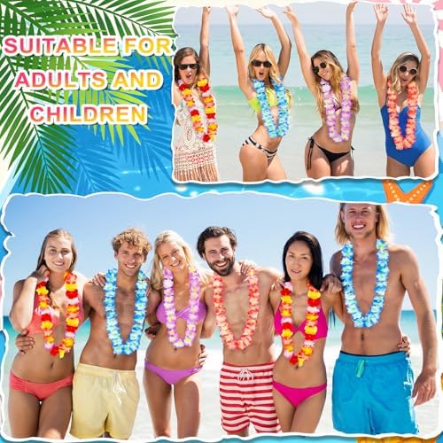 JUNEBRUSHS 24 Pack Hawaiian Leis for Luau Party Colorful Flower Necklaces Wreath Garland for Tropical Party Decorations Graduation Summer Beach Wedding Birthday