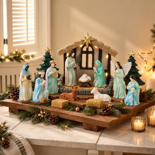 Christmas Nativity Scene Set with LED Lights,Indoor Christmas Decorations