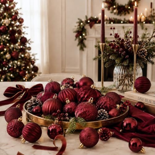 Lunmon 64 Pcs Burgundy Maroon Christmas Ball Ornaments 1.57/1.97/2.36 Inch