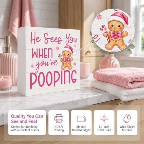 Pink Christmas Bathroom Decor Funny Gingerbread Christmas Wooden Box Sign