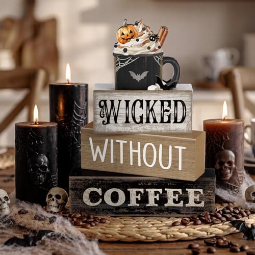 Lineshading 4 Pcs Halloween Coffee Table Decor, Gothic Black Wood Sign Home