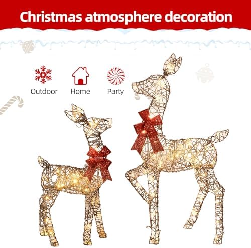 HOYECHI 4ft Christmas Decorations Outdoor Lighted Reindeer – 3-Piece 2D Deer Family Set with 145 Warm White LED Lights for Yard, Lawn, Garden & Porch Holiday Display - Rattan