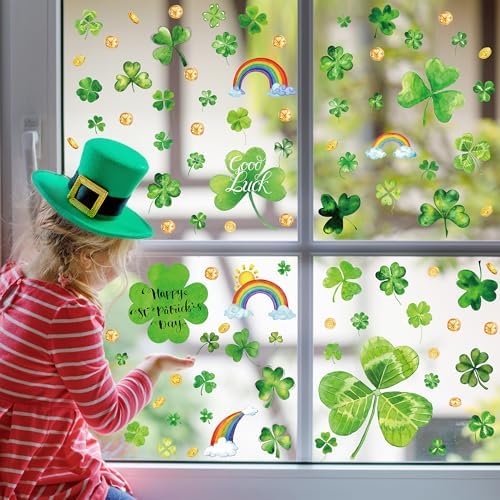 9 Sheets St Patrick's Day Window Clings, 217 PCS Green St Patricks Day Shamrock Window Stickers with Coins Rainbow, Double Sided Static Window Clings for Glass Windows St Patricks Day Decorations