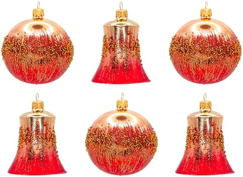 Luxury Handcrafted European Glass Christmas Bell & Ball Ornaments - Set of 6 - Red & Gold Classic - 8 cm - Mouth-Blown & Hand-Painted