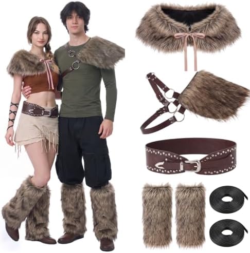 Janmercy 9 Pcs Halloween Viking Costume for Couple, Faux Fur Accessories