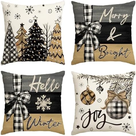 AVOIN colorlife Merry Christmas Joy Xmas Trees Brown Throw Pillow Covers, 18 x 18 Inch Christmas Winter Holiday Cushion Case Decoration for Sofa Couch Set of 4