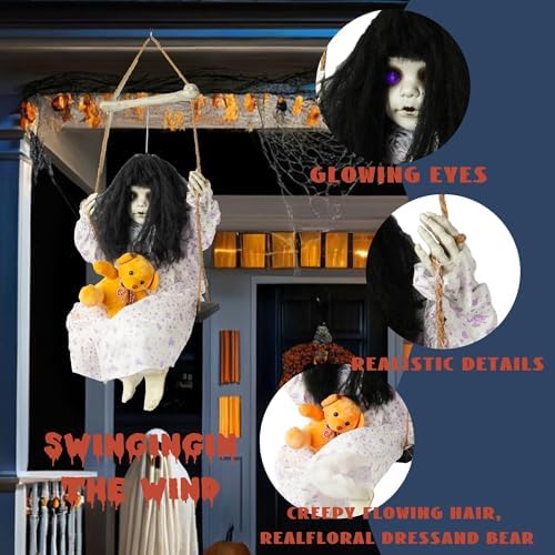 Hourleey Halloween Decorations Outdoor, Hanging Swinging Girl Doll Sound Activated with Lighted Eyes Creepy Sound, Animatronics Halloween Decor for Indoor Trees Party Garden Haunted House Prop