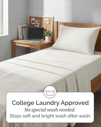 Twin XL Size 3 Piece Sheet Set - Comfy Breathable & Cooling - Beige Stripes
