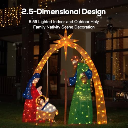 Hykolity 5.5 FT 2.5D Lighted Nativity Scene, Outdoor Christmas Yard Decoration with 210 Warm White LEDs, Stained-Glass Style Fabric and 5 FT Power Cord for Lawn and Porch