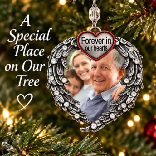Memorial Photo Ornament for Loved One – Silver Heart Angel Wings Picture Frame Ornament, in Loving Memory Sympathy Gift for Loss of Mom, Dad, Family Member, Bereavement Christmas Keepsake