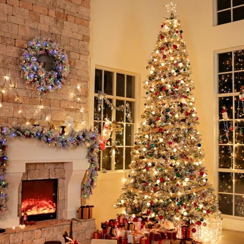 Hykolity 12 ft Prelit Snow Flocked Christmas Tree, 850 Color Changing LED Lights, Artificial Christmas Pine Tree with Red Berries, 4640 PE&PVC Branch Tips, Metal Stand and Hinged Branches, 10 Modes