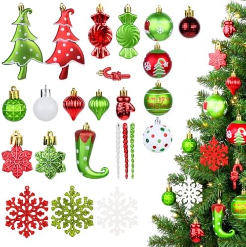 82PCS Christmas Ornaments Set Red and Green Christmas Tree Decorations PVC Holiday Ornaments for Xmas Tree Festive Party Decor Supplies