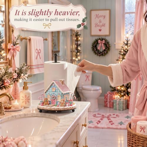 Christmas Paper Towel Holder Pink Gingerbread House Kitchen Decor