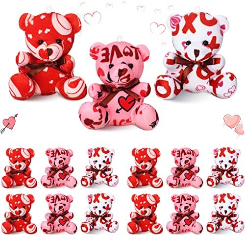 Haull 18 Pcs Valentine Heart Stuffed Animals Bears Bulk Gifts Plush Bears Bulk Mini Soft Stuffed Toys Small Cute Plush 4" for Adults Party Favors Home(XOXO)