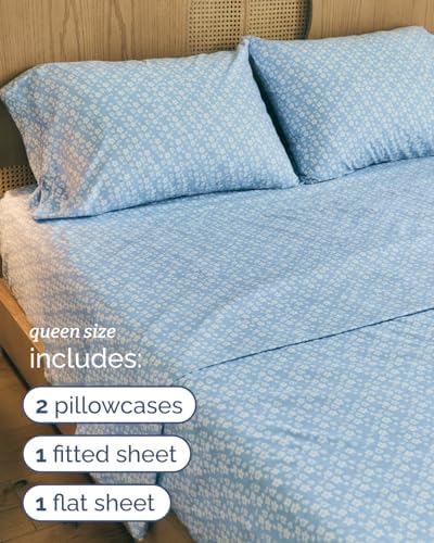 Queen 4 Piece Floral Sheet Set - Soft, Breathable & Cooling - Blue Meadow
