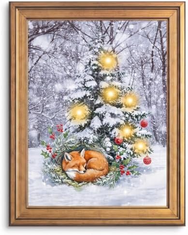 Framed Sleeping Fox Christmas Canvas Wall Art Gold Frame Inch 12x16