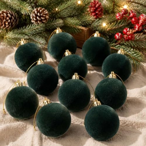 12Pcs Green Velvet Christmas Ornaments 2.36In Balls for Christmas Tree Deco