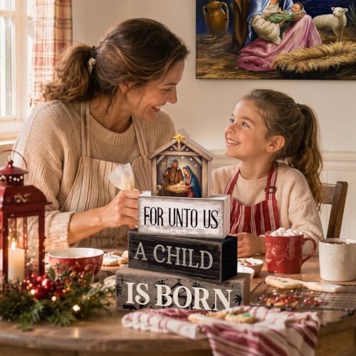 Moucuny 4 Pcs Christmas Table Decoration Christian Wooden Stacked Blocks