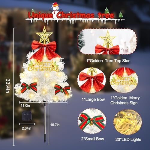 Christmas Tree Solar Pathway Lights Outdoor Decor, 4 Pack, White