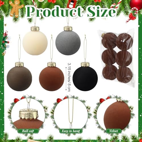 Gemscream 30 Pcs Velvet Christmas Balls, 3.15" Flocked Blue Ornaments,Brown