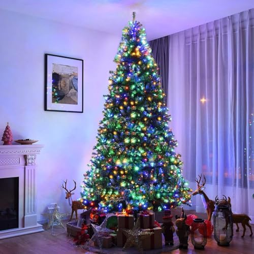 HAPPYGRILL 9FT Pre-lit Artificial Christmas Tree with 2944 PVC Branch Tips and Foldable Base, Premium Spruce Tree Hinged Xmas Tree with 1000 Lights, 11 Color Modes for Holiday Decoration