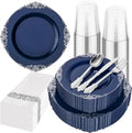 Hioasis 175pcs Blue and Silver Plastic Plates 10.25"