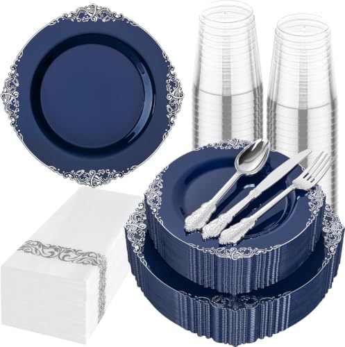 Hioasis 175pcs Blue and Silver Plastic Plates 10.25"
