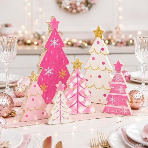 Christmas Table Decorations Pink White Wood Xmas Trees Tiered Tray Decor