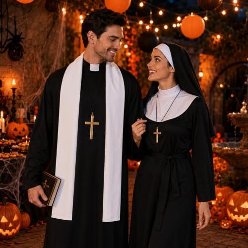 Priest and Nun Couple Costume for Adults Include Robes Stole Socks Glasses Necklaces for Halloween Dress Up