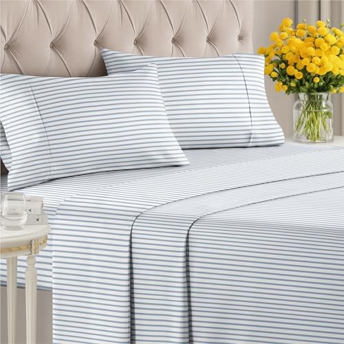 Queen 4 Piece Striped Sheet Set - Soft, Breathable & Cooling - Ocean Stripe