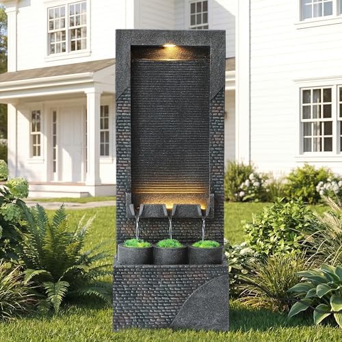 Grepatio 39" Tall Outdoor Water Fountain, Indoor Water Feature Cascading Wall with 5 LED Lights, Large Outside Resin Wtaerfall Fountains for Garden, Yard Patio Home Decor, Natural Stone Look, Gray